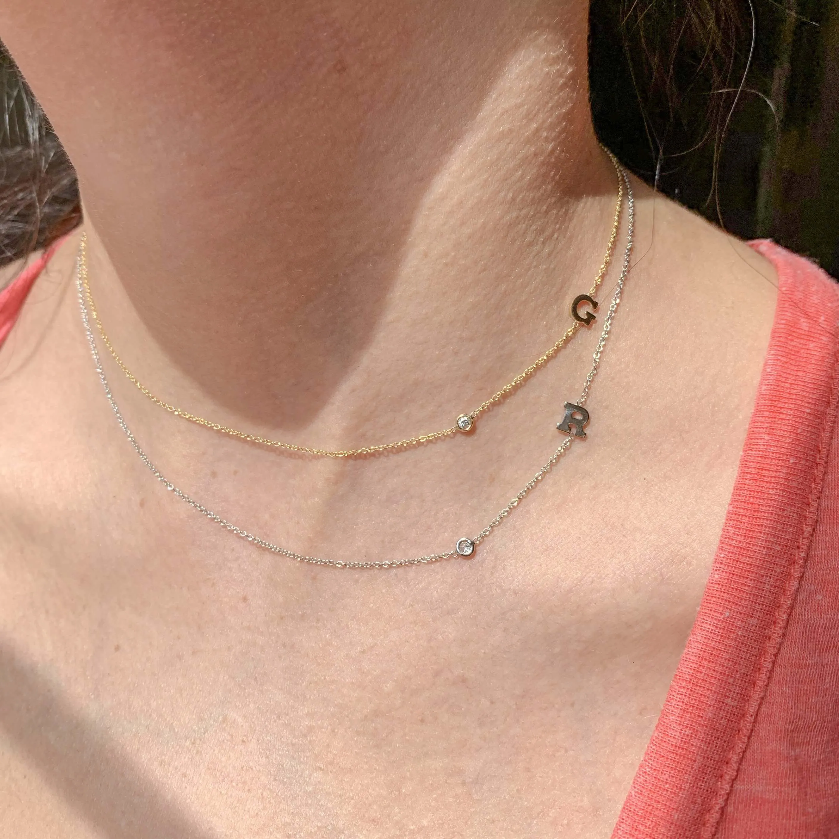 14K Gold One Initial and Diamond Bezel Necklace