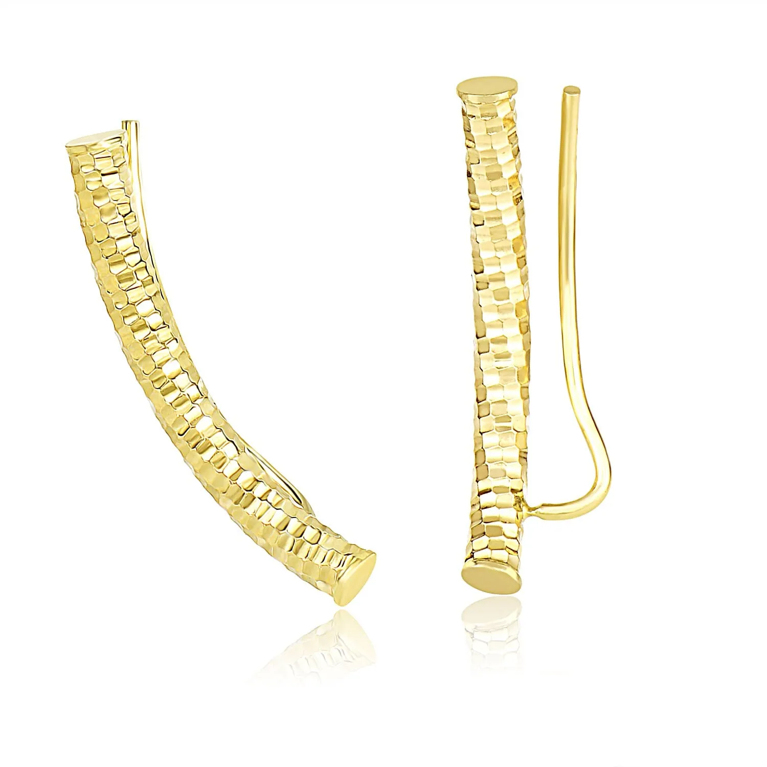 14k Yellow Gold Curved Tube Earrings with Diamond Cuts-rx34425