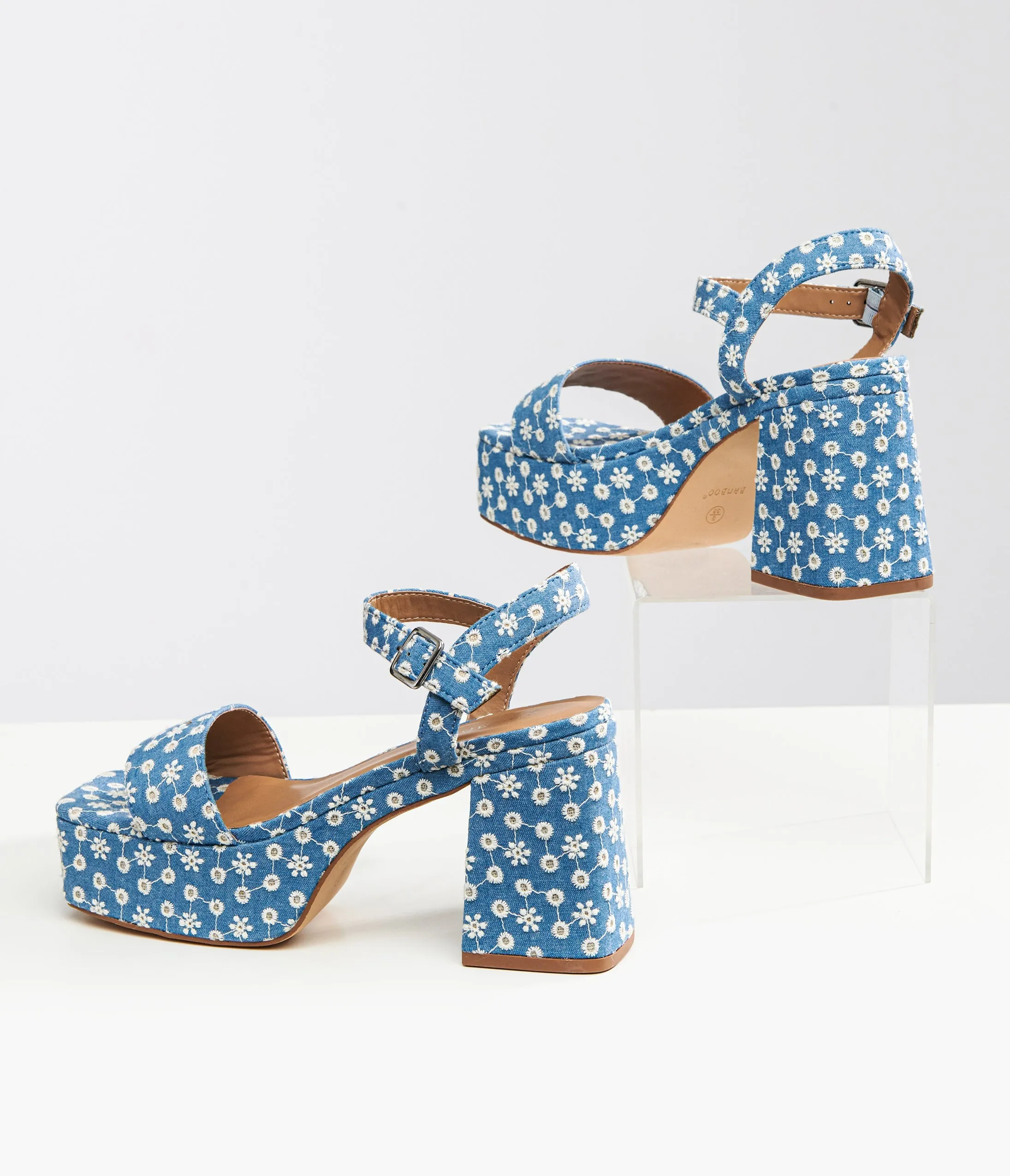 1970s Blue Daisy Denim Platform Sandals