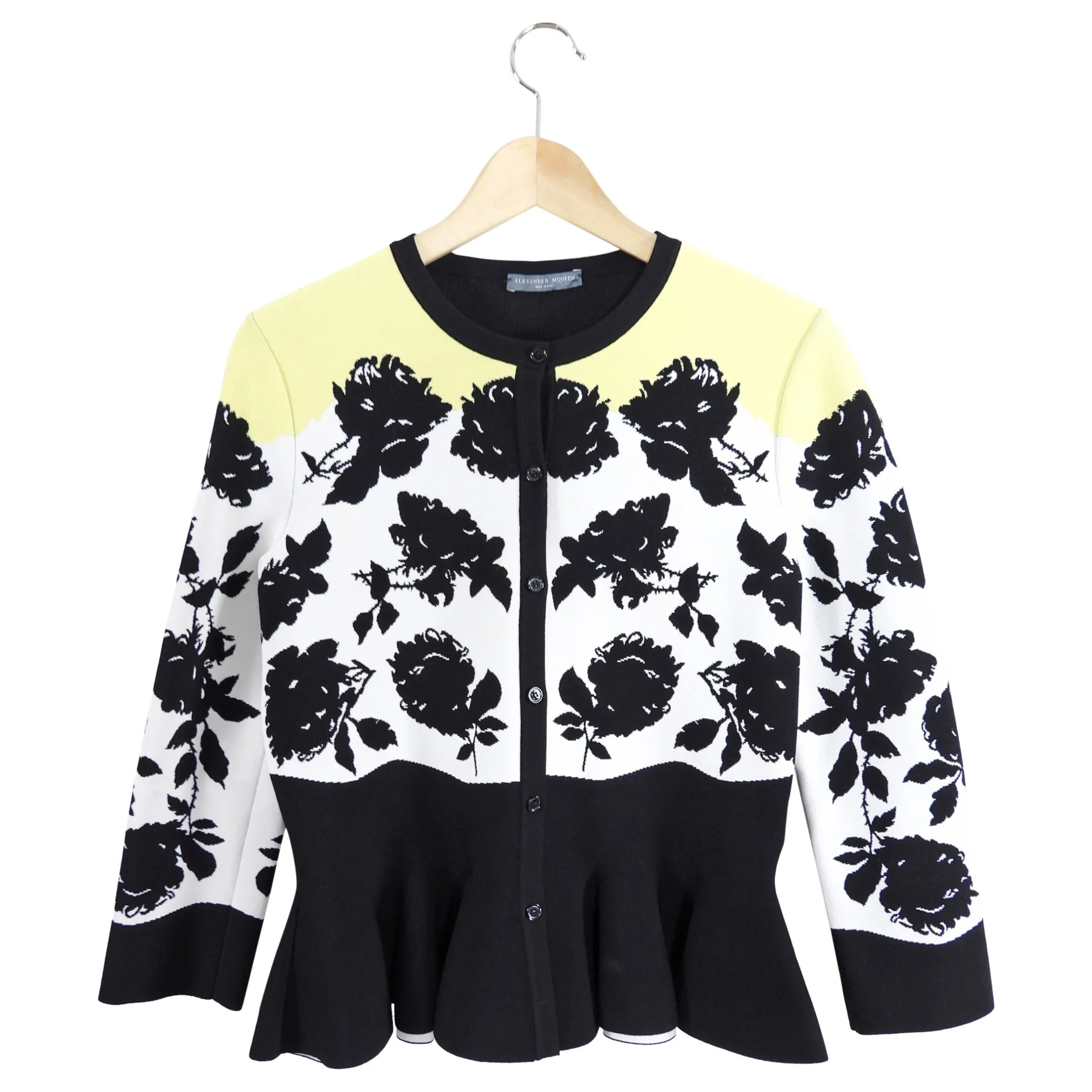 Alexander McQueen Yellow Black White Floral Knit Cardigan - M