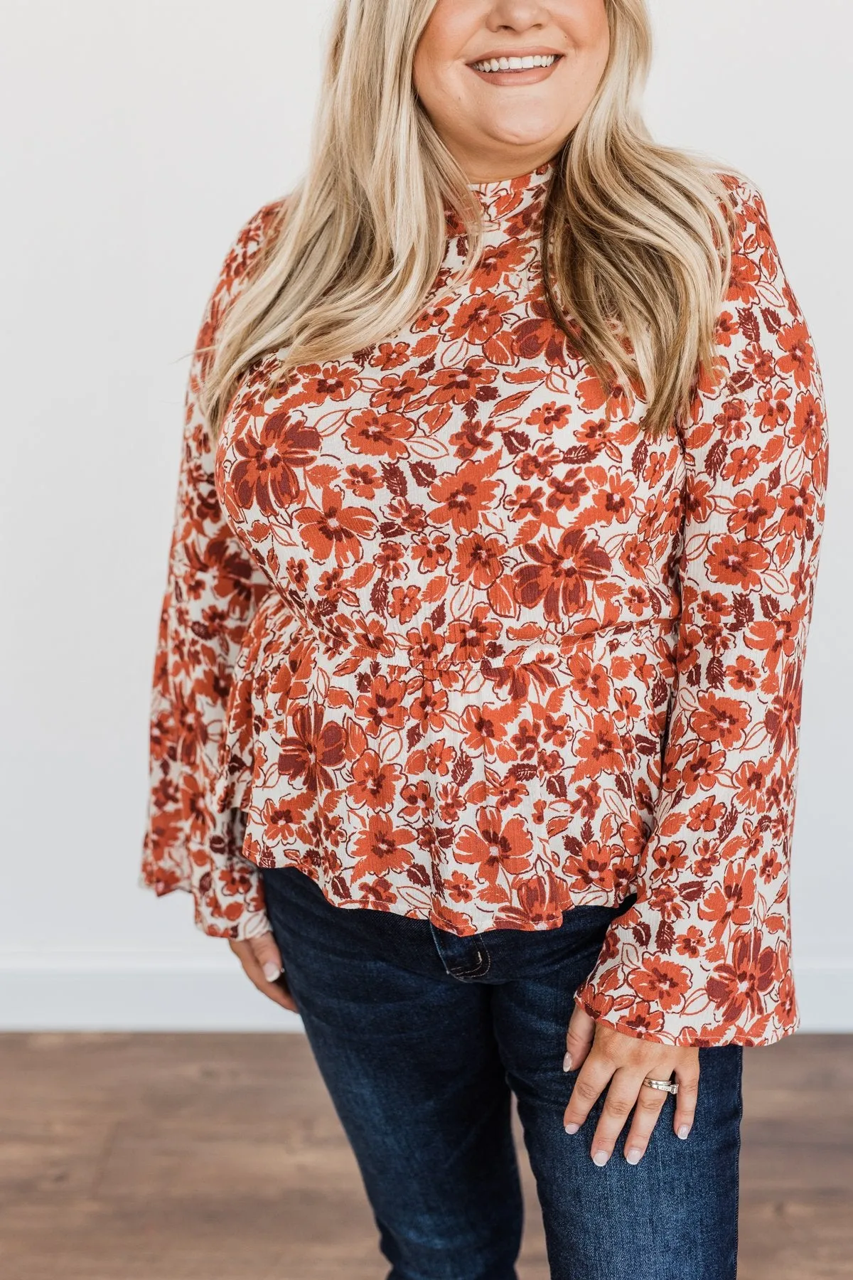 Alluring Autumn Days Mock Neck Blouse- Rust