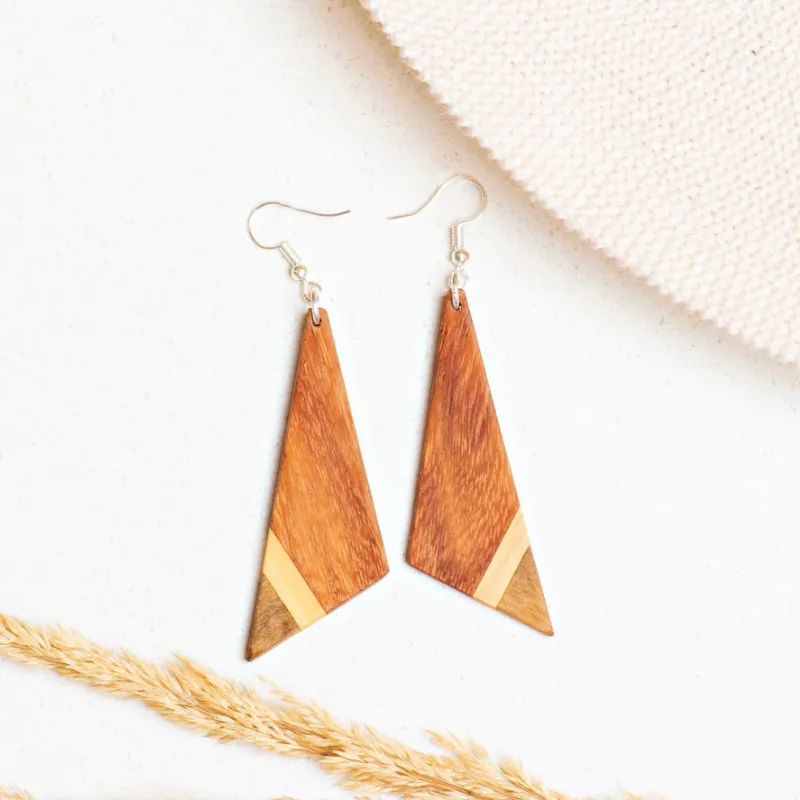 Asymmetric Tri-Tone Wood Triangle Earrings