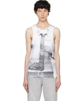 Balmain White Ribbed Tie Print Tank Top