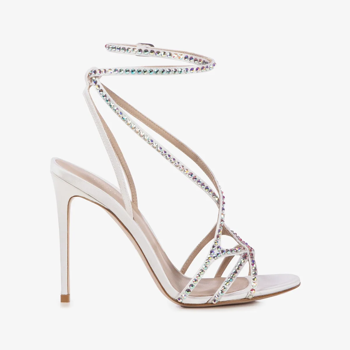 BELEN SANDAL 105 mm Paper white satin and Crystals sandal