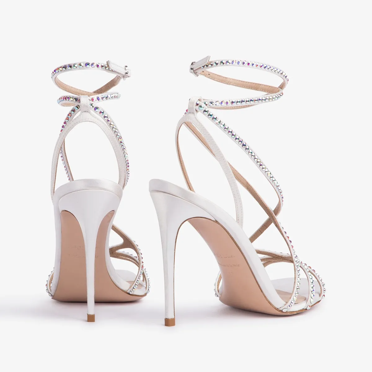 BELEN SANDAL 105 mm Paper white satin and Crystals sandal