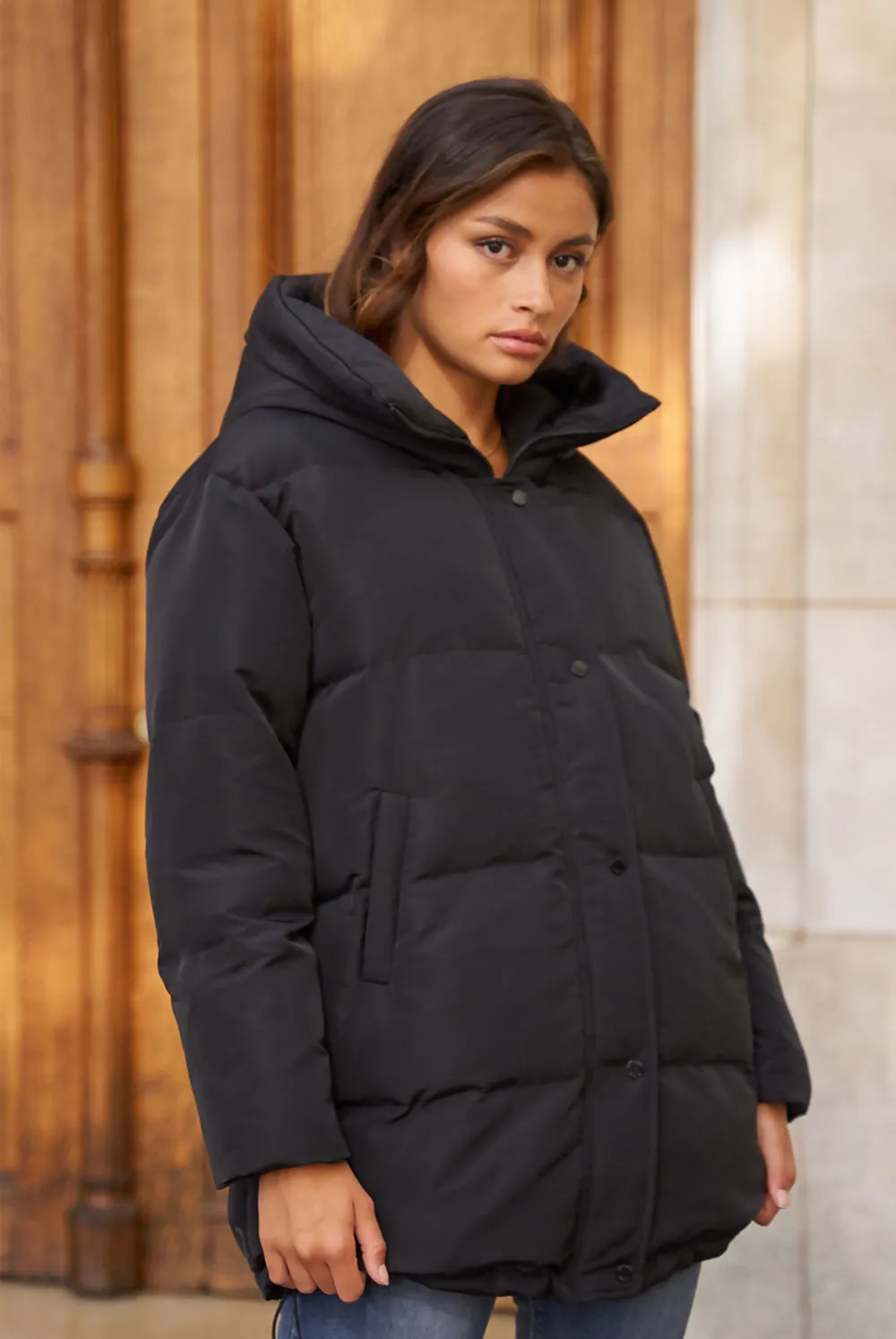 Black Hooded Funnel Neck Puffer Coat