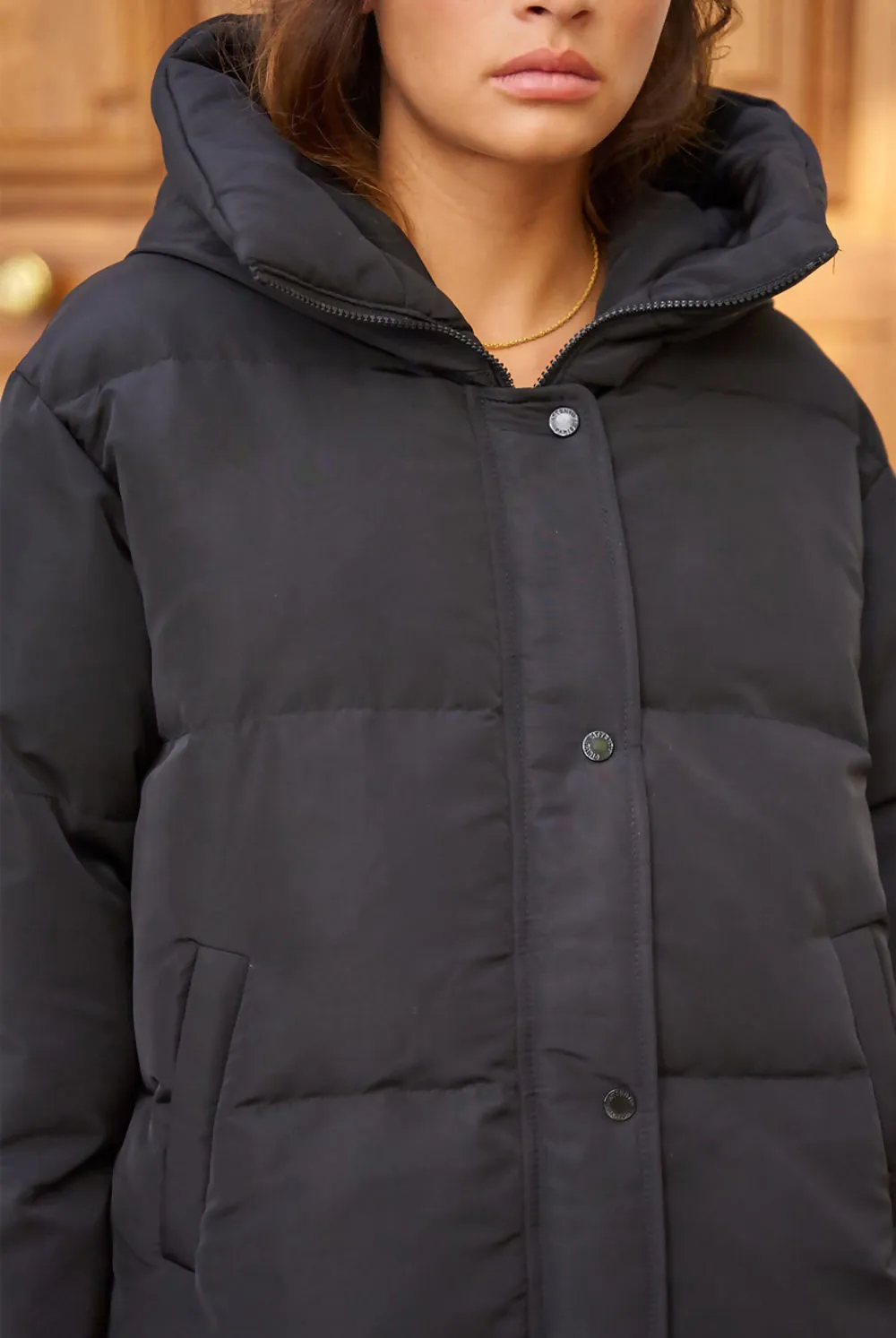 Black Hooded Funnel Neck Puffer Coat