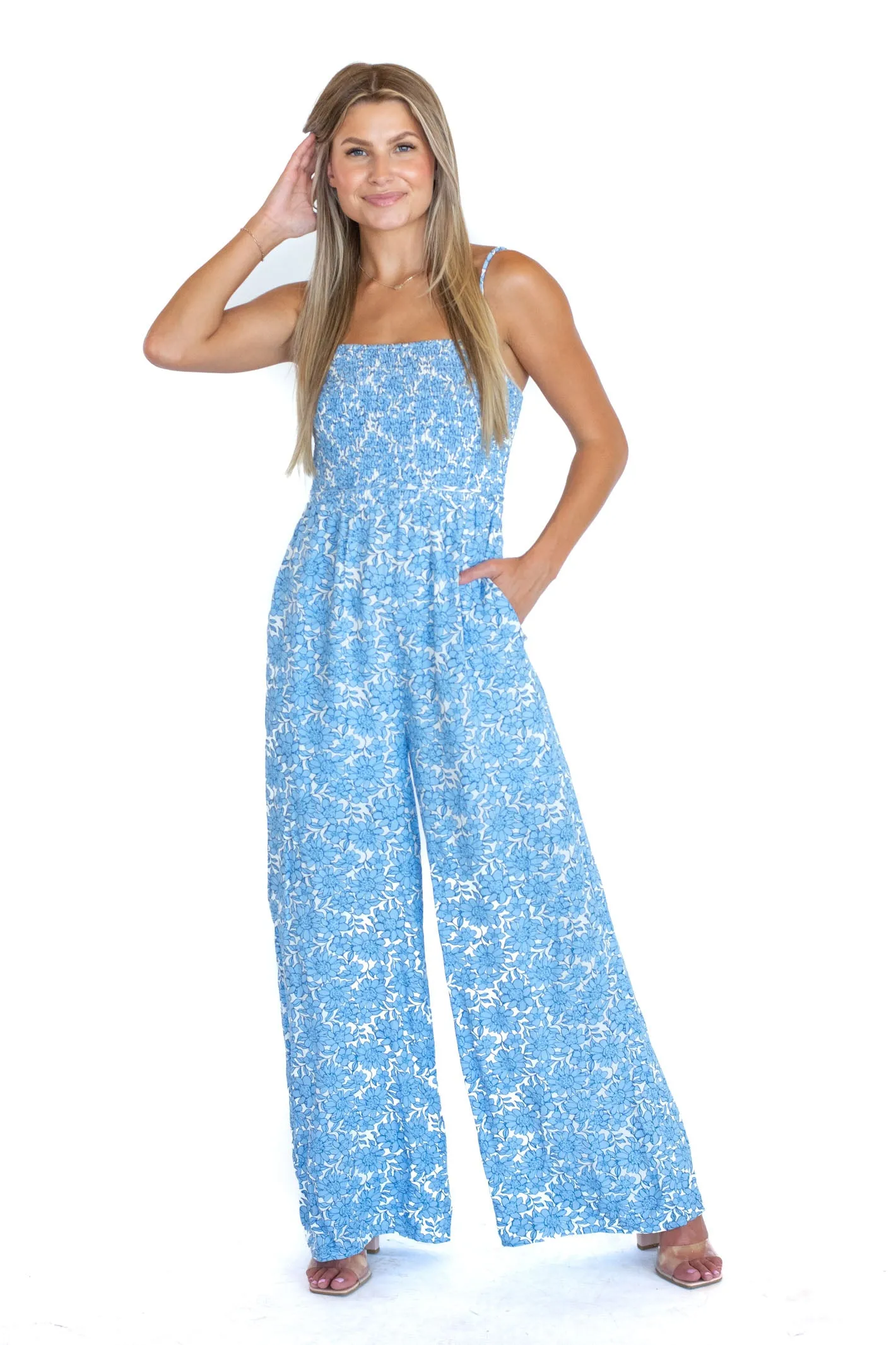 Blue Stunner Sleeveless Flyaway Wide Leg Jumpsuit