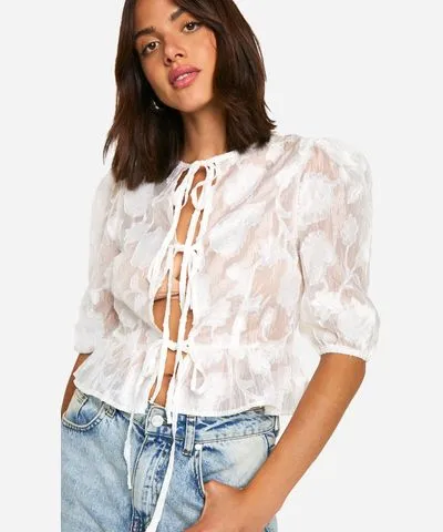 boohoo Womens Burnout Puff Sleeve Tie Front Blouse