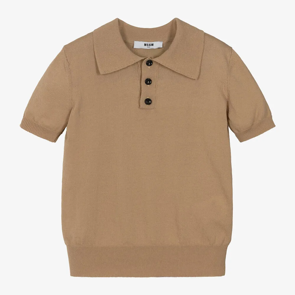 Boys Beige Cotton Knit Polo Shirt