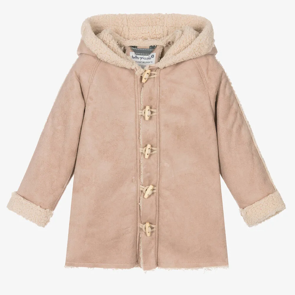 Boys Beige Faux Sheepskin Hooded Coat