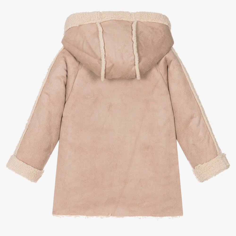 Boys Beige Faux Sheepskin Hooded Coat