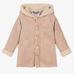 Boys Beige Faux Sheepskin Hooded Coat