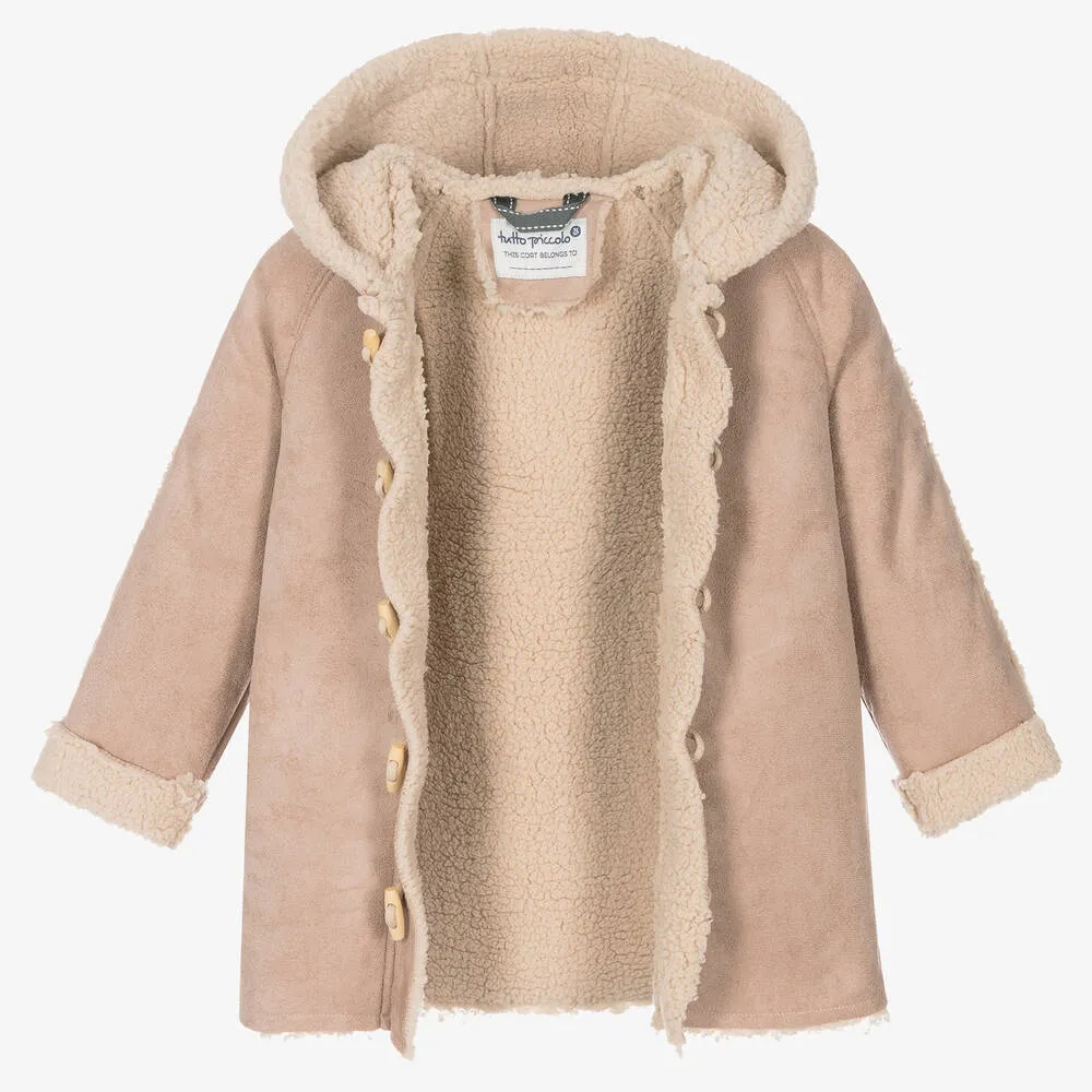 Boys Beige Faux Sheepskin Hooded Coat