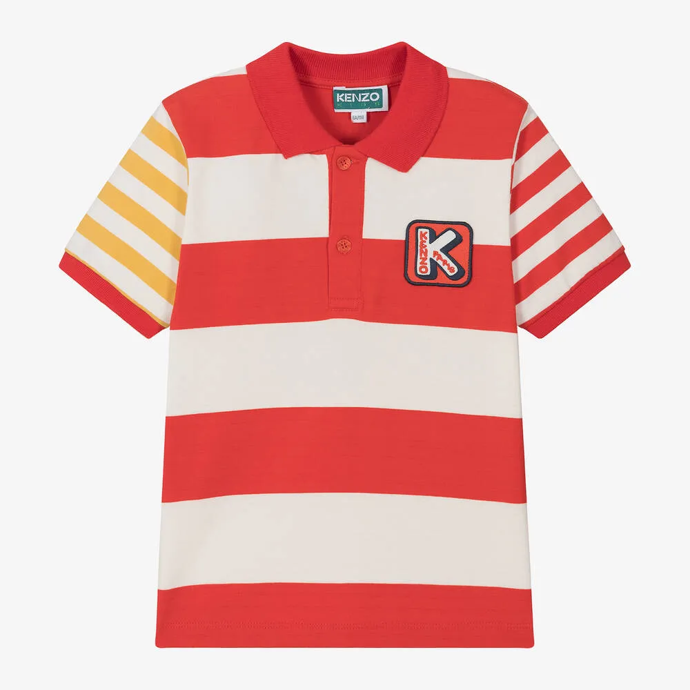 Boys Red Striped Cotton Polo Shirt