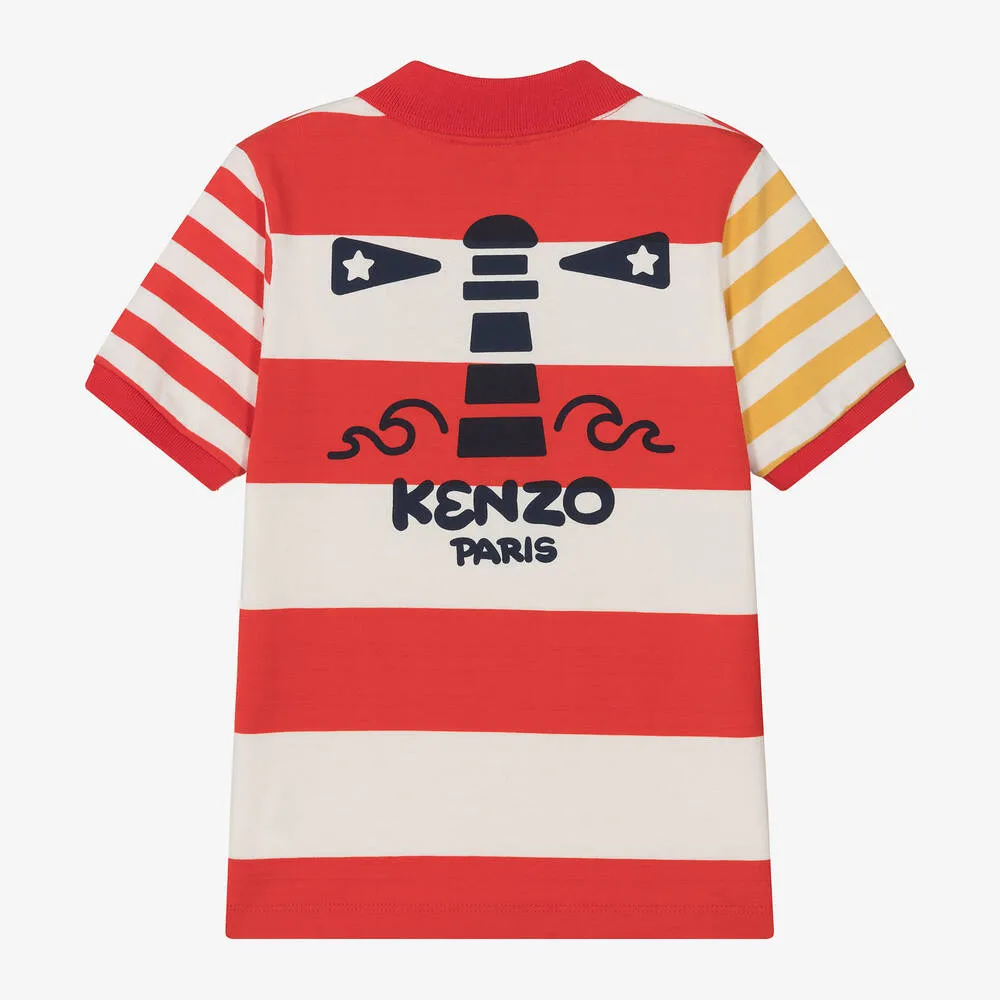 Boys Red Striped Cotton Polo Shirt