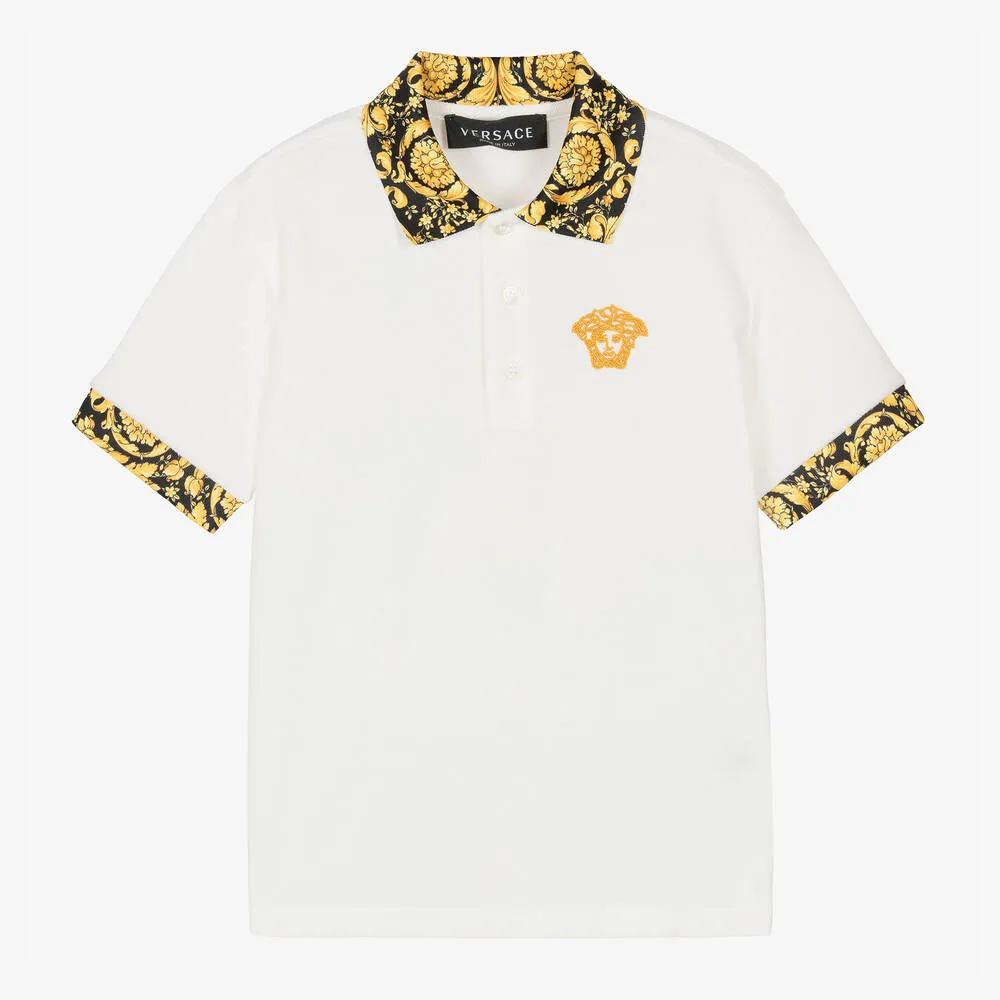 Boys White Cotton Barocco Polo Shirt