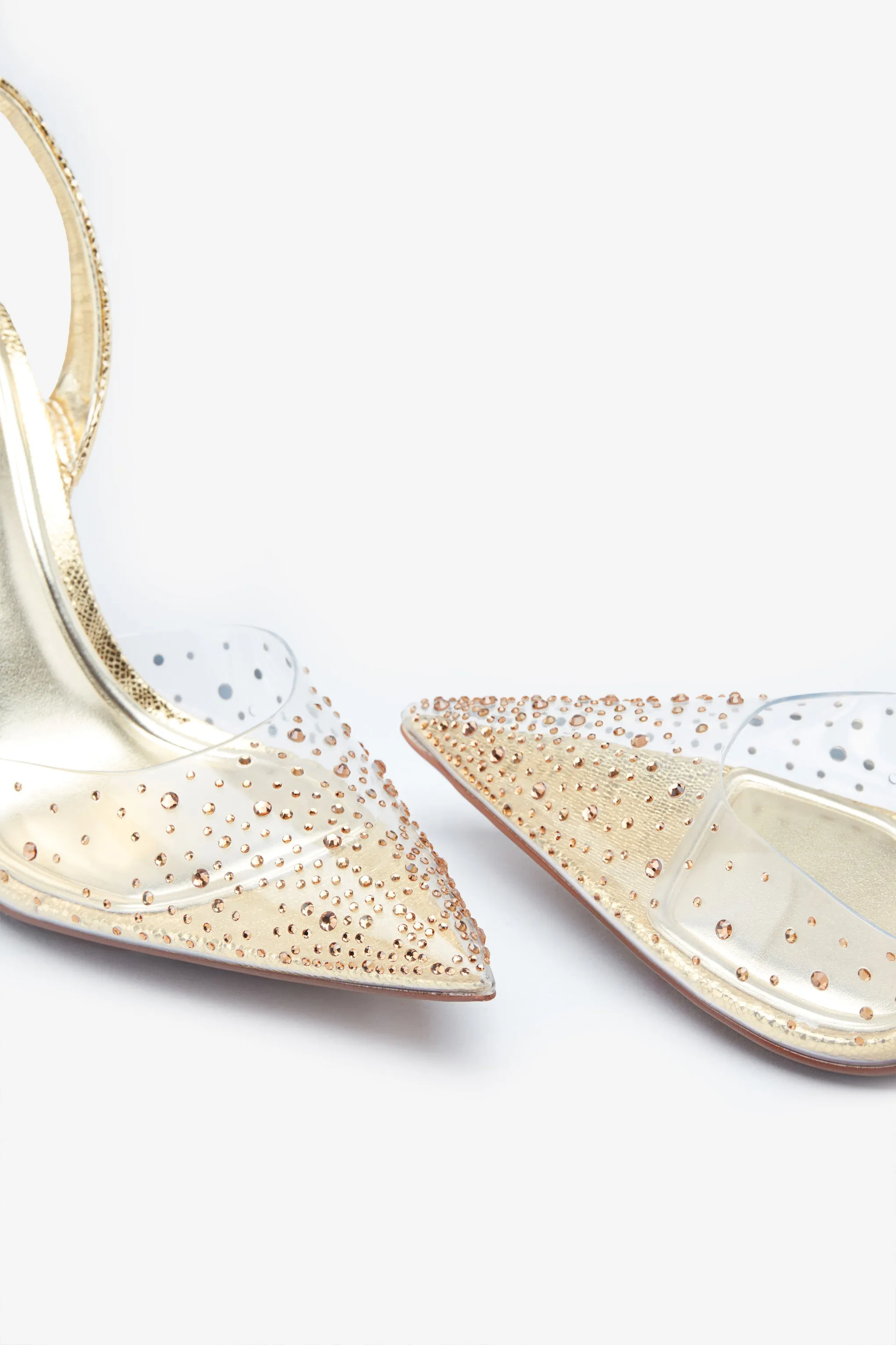 Covergirl | Gold Diamante Sling Back Pointed Heels