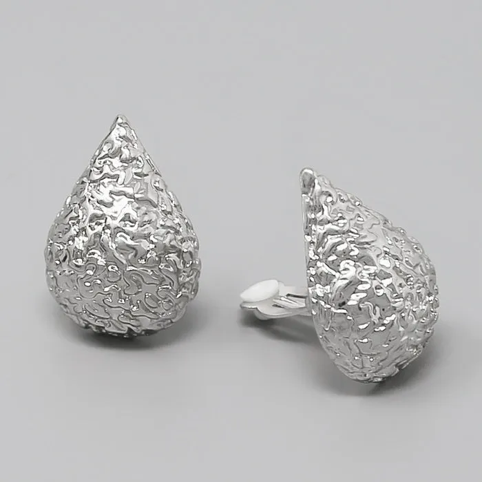 Crumpled Metal Chunky Teardrop Clip On Earrings