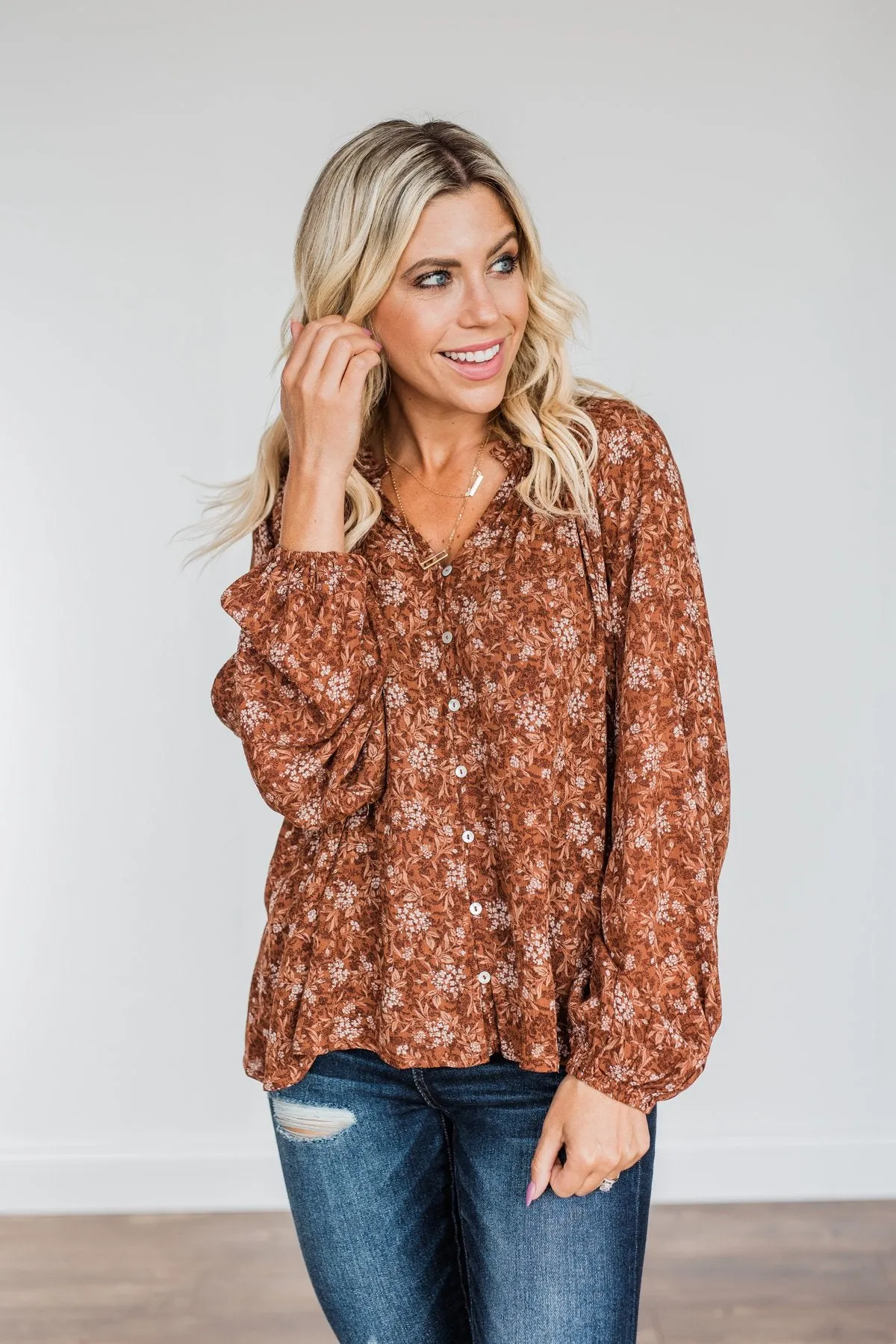 Feeling Butterflies Floral Button Blouse- Rust