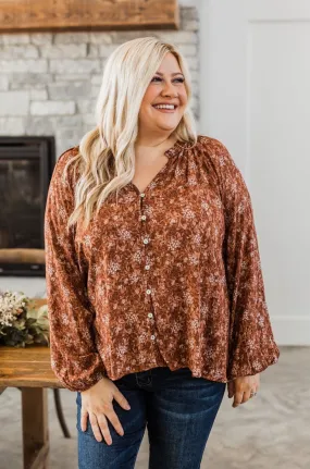 Feeling Butterflies Floral Button Blouse- Rust