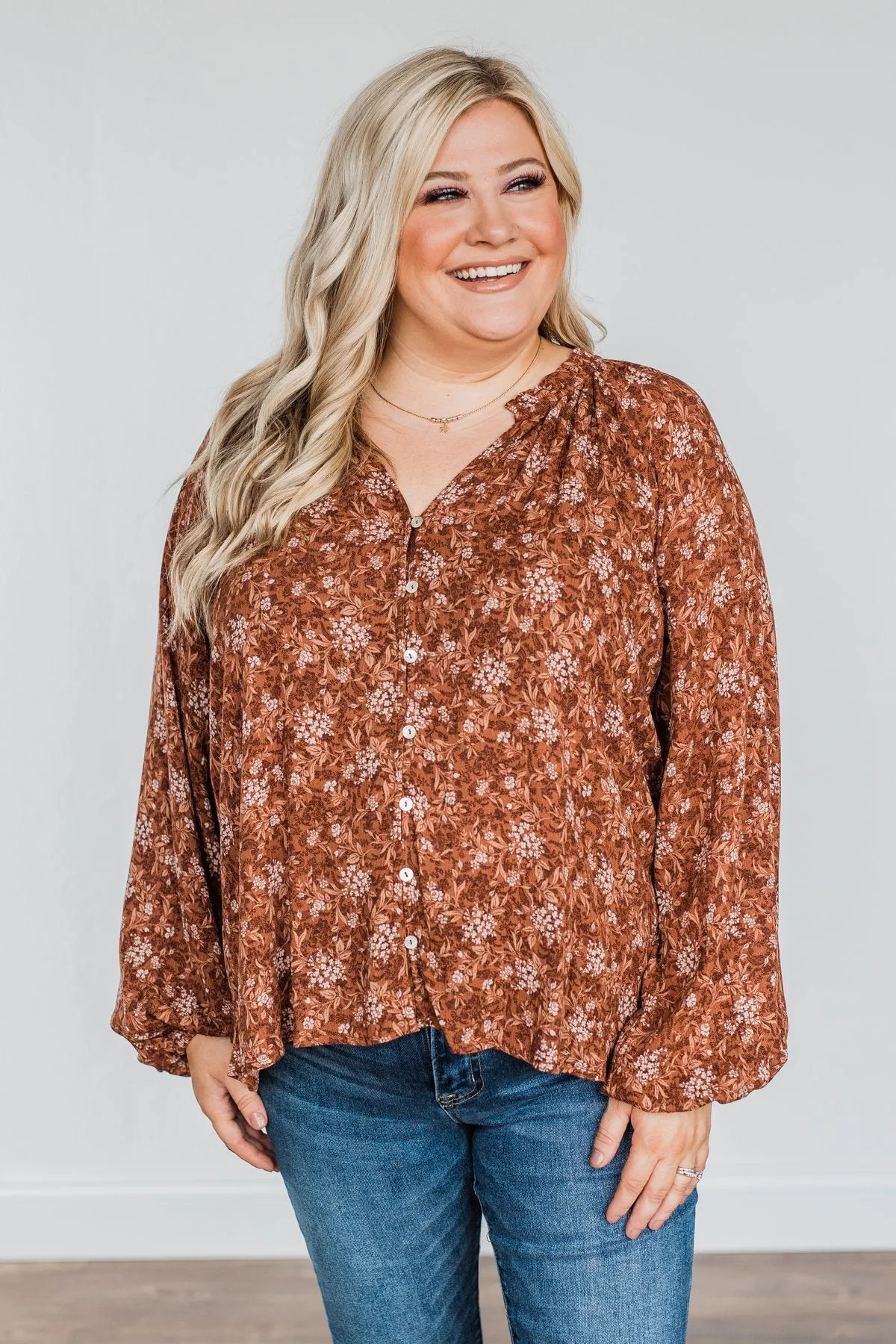 Feeling Butterflies Floral Button Blouse- Rust