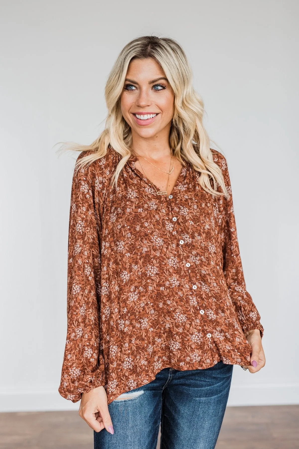 Feeling Butterflies Floral Button Blouse- Rust