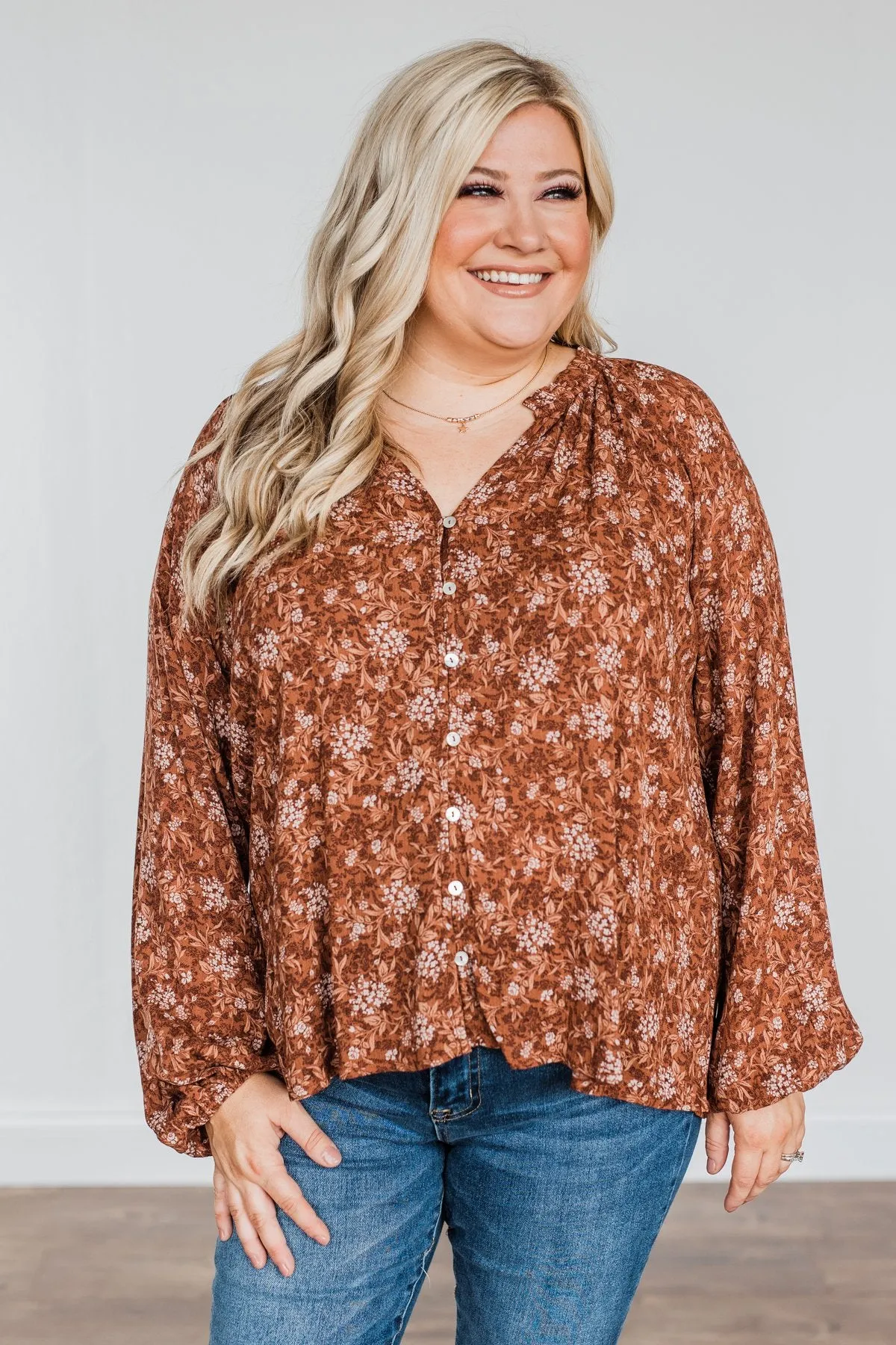 Feeling Butterflies Floral Button Blouse- Rust