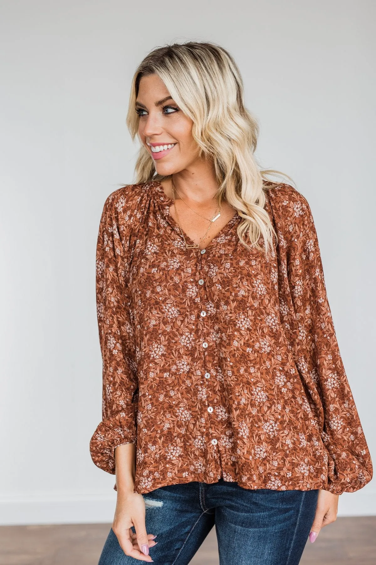 Feeling Butterflies Floral Button Blouse- Rust