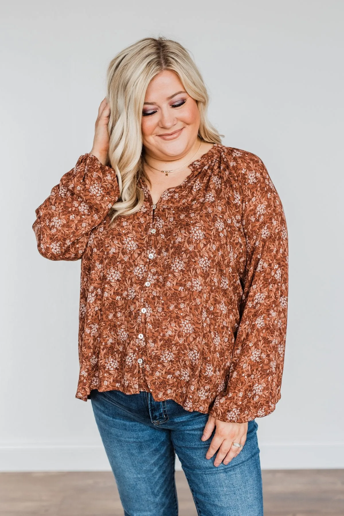 Feeling Butterflies Floral Button Blouse- Rust