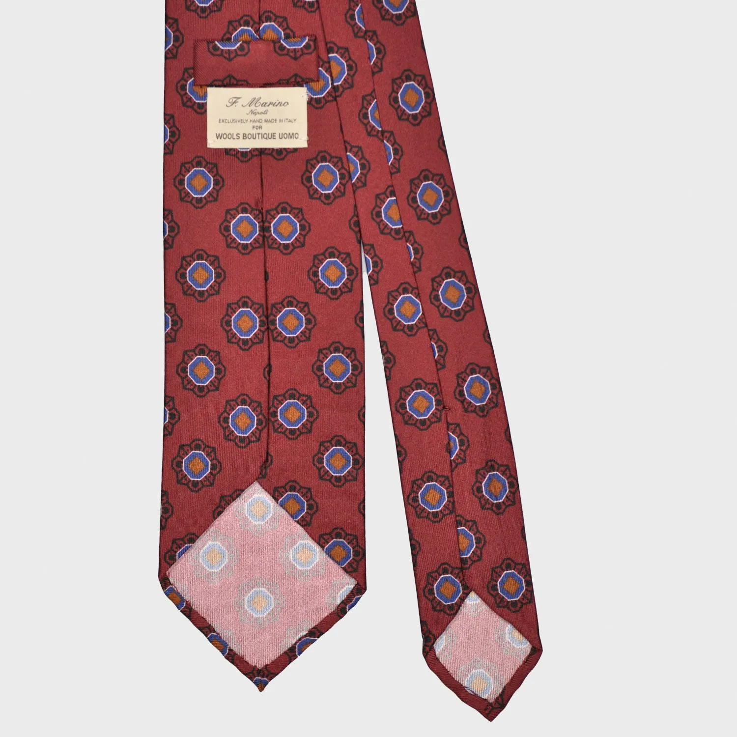 F.Marino Silk Tie 3 Folds Geometric Flower Brick Red