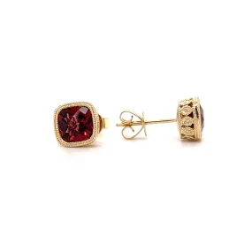 Garnet Stud Earrings with Milgrain and Filigree in 14K Yellow Gold