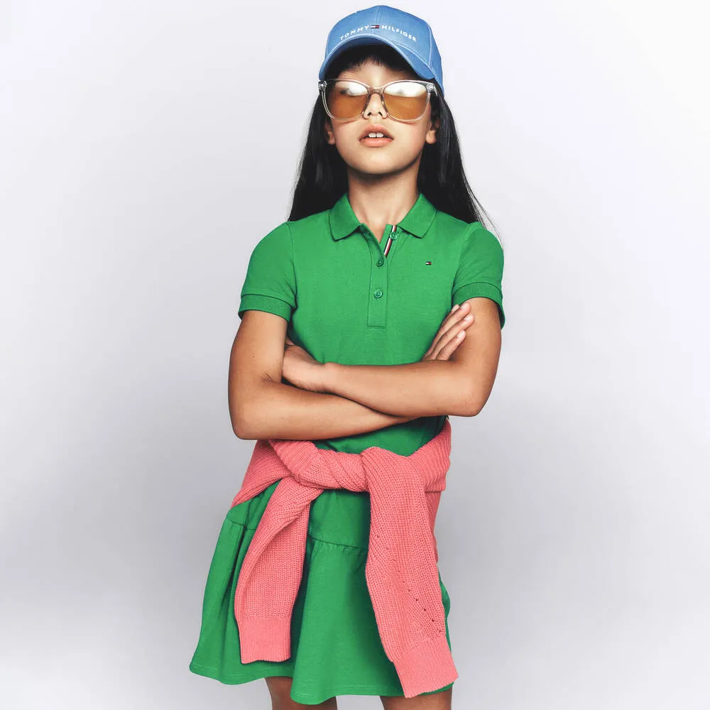 Girls Green Cotton Polo Shirt Dress