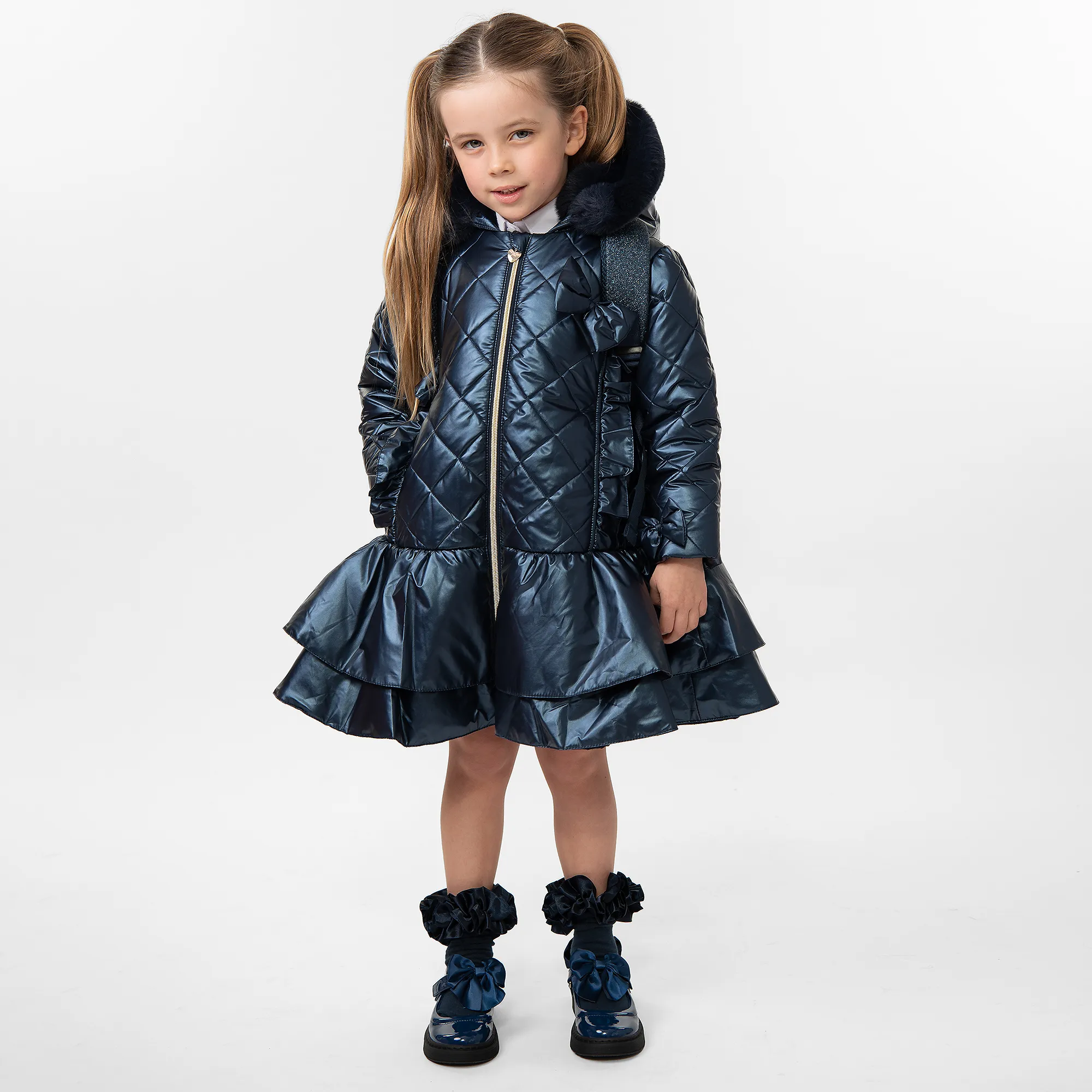 Girls Navy Blue Quilted Hooded Coat