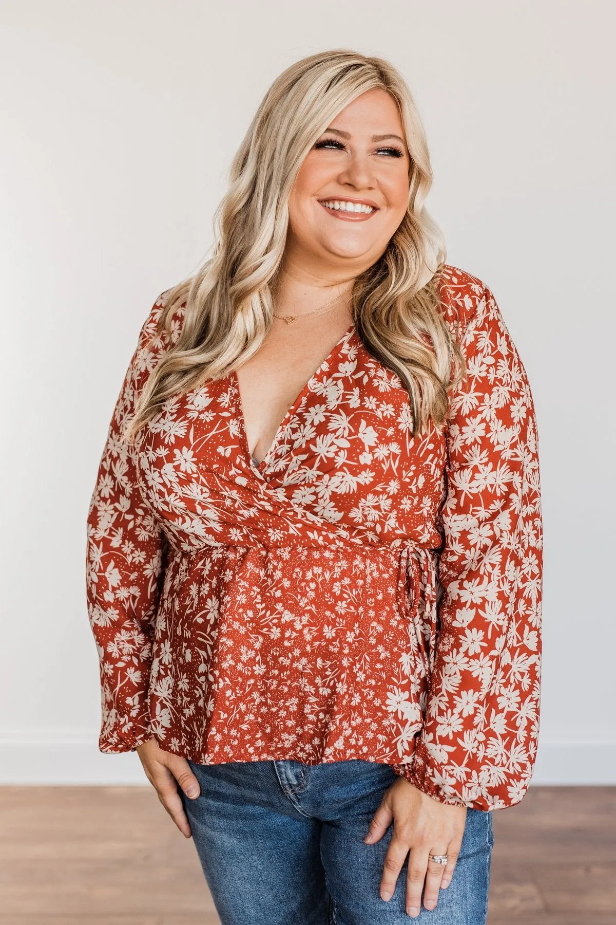 Gone With The Wind Floral Wrap Blouse- Rust