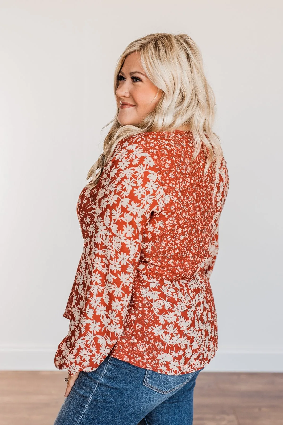 Gone With The Wind Floral Wrap Blouse- Rust