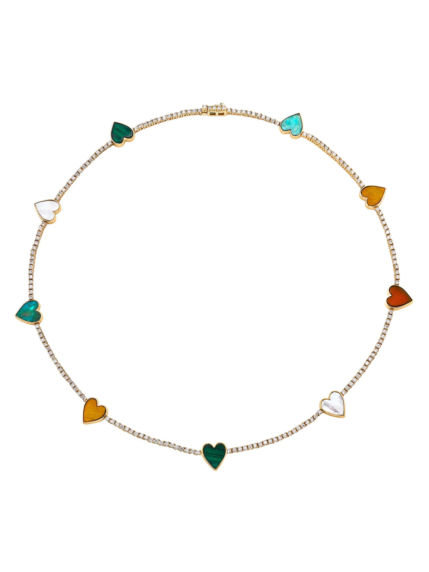 Heart Tennis Necklace - White Diamond and Inlay / 14k Yellow Gold