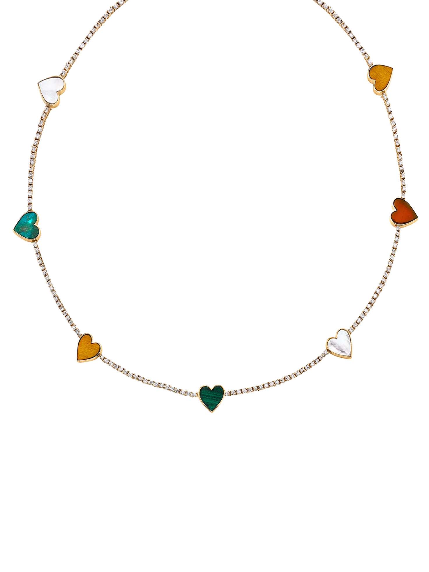 Heart Tennis Necklace - White Diamond and Inlay / 14k Yellow Gold