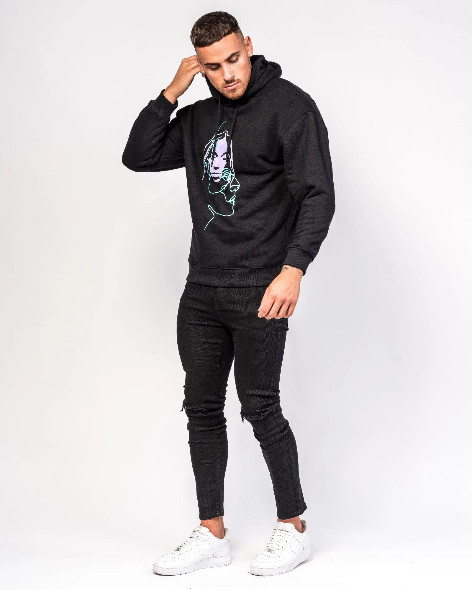 Illustrated Faces Relaxed Black Hoody