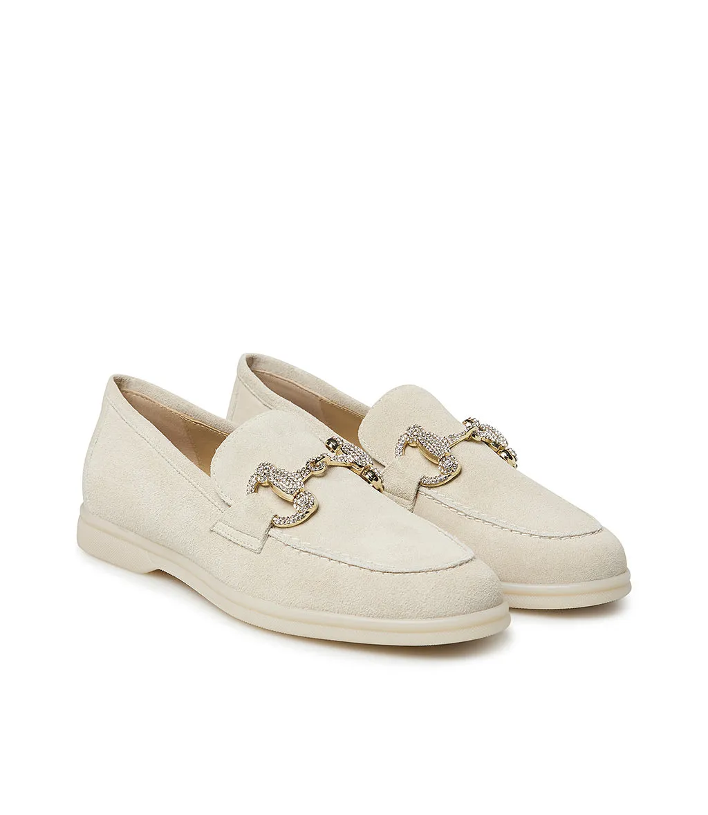 Jewel buckled ivory suede loafer