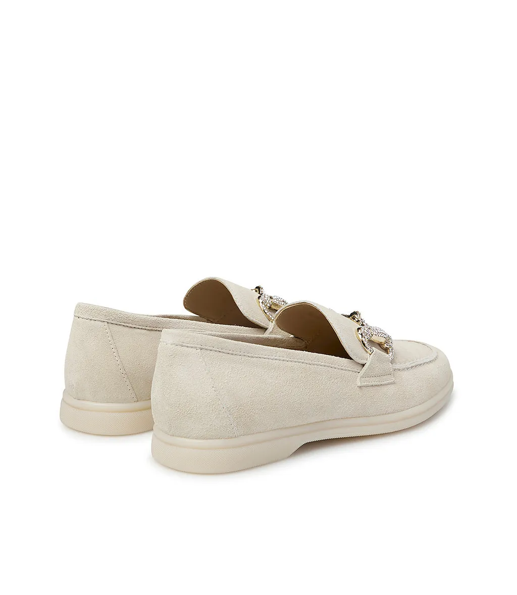 Jewel buckled ivory suede loafer