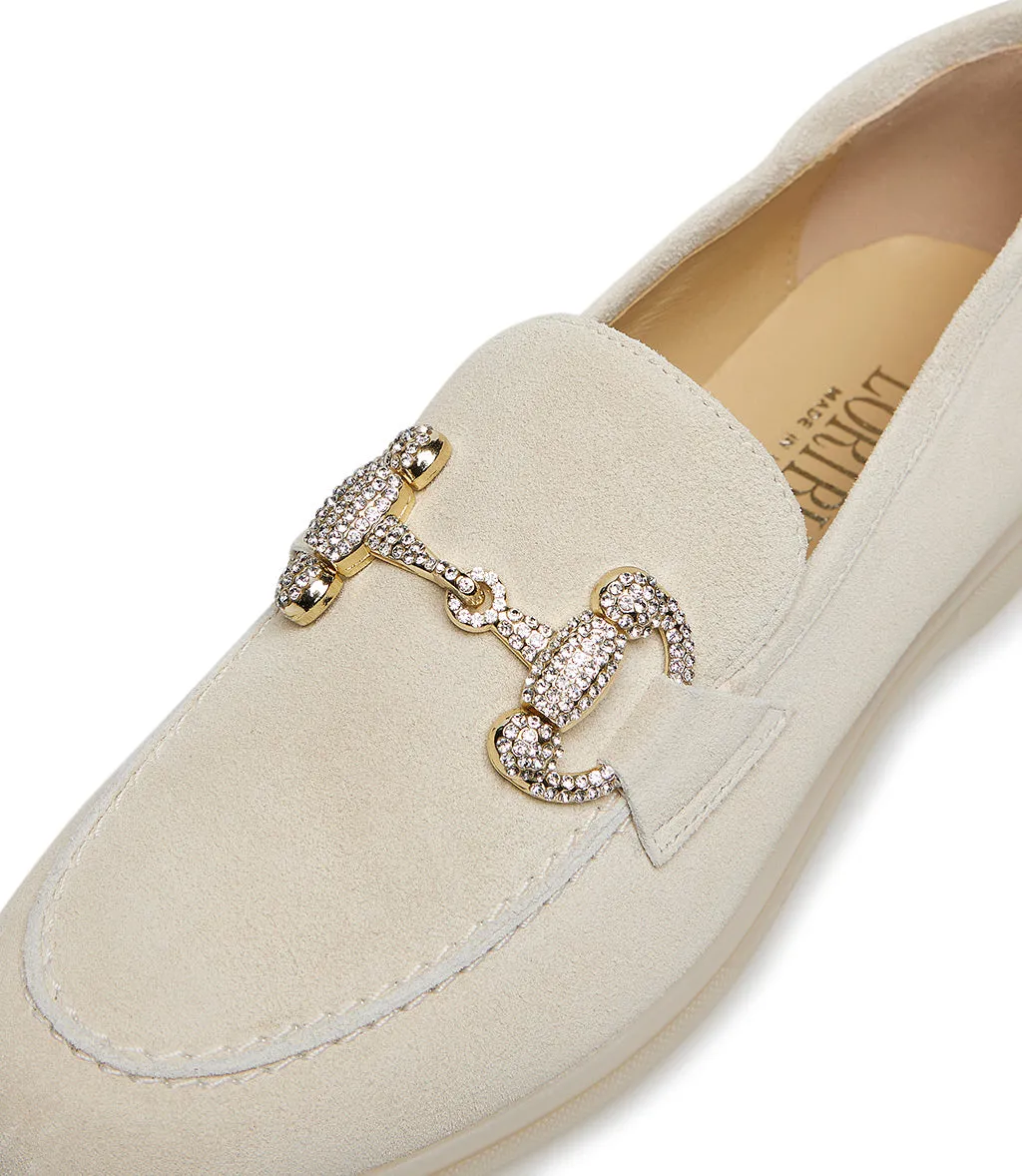 Jewel buckled ivory suede loafer