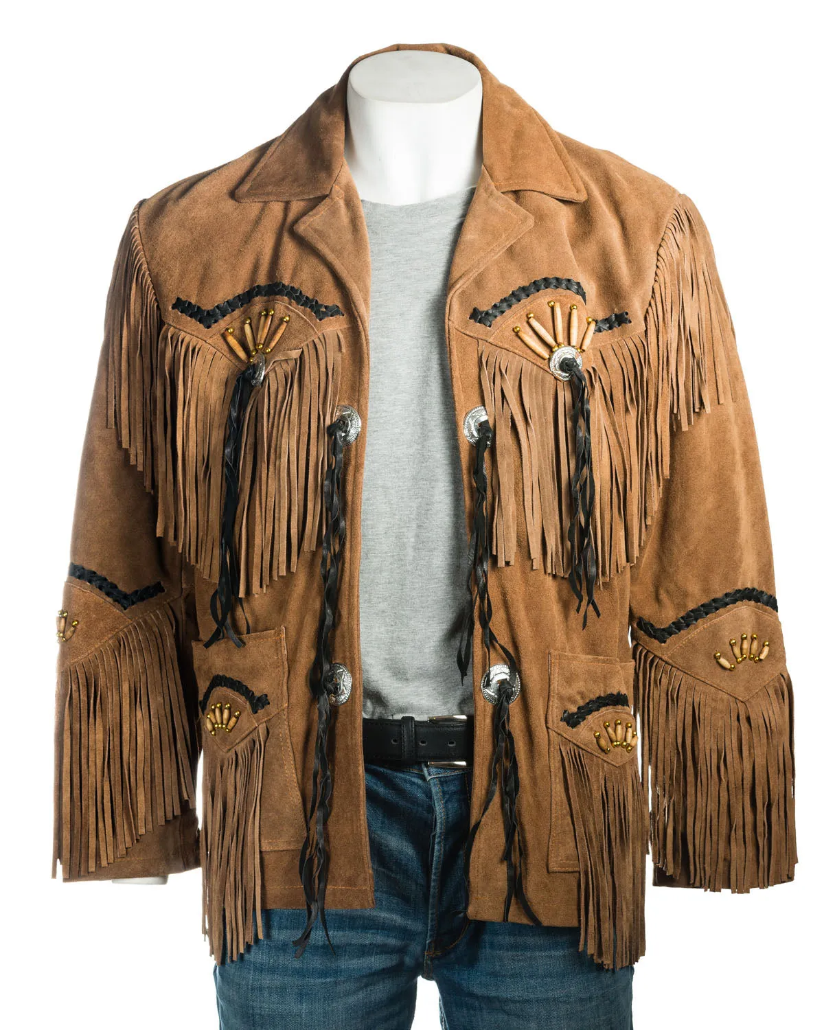 Men's Black Suede Native American Western Style Jacket with Fringe and Beads - Navajo Men's