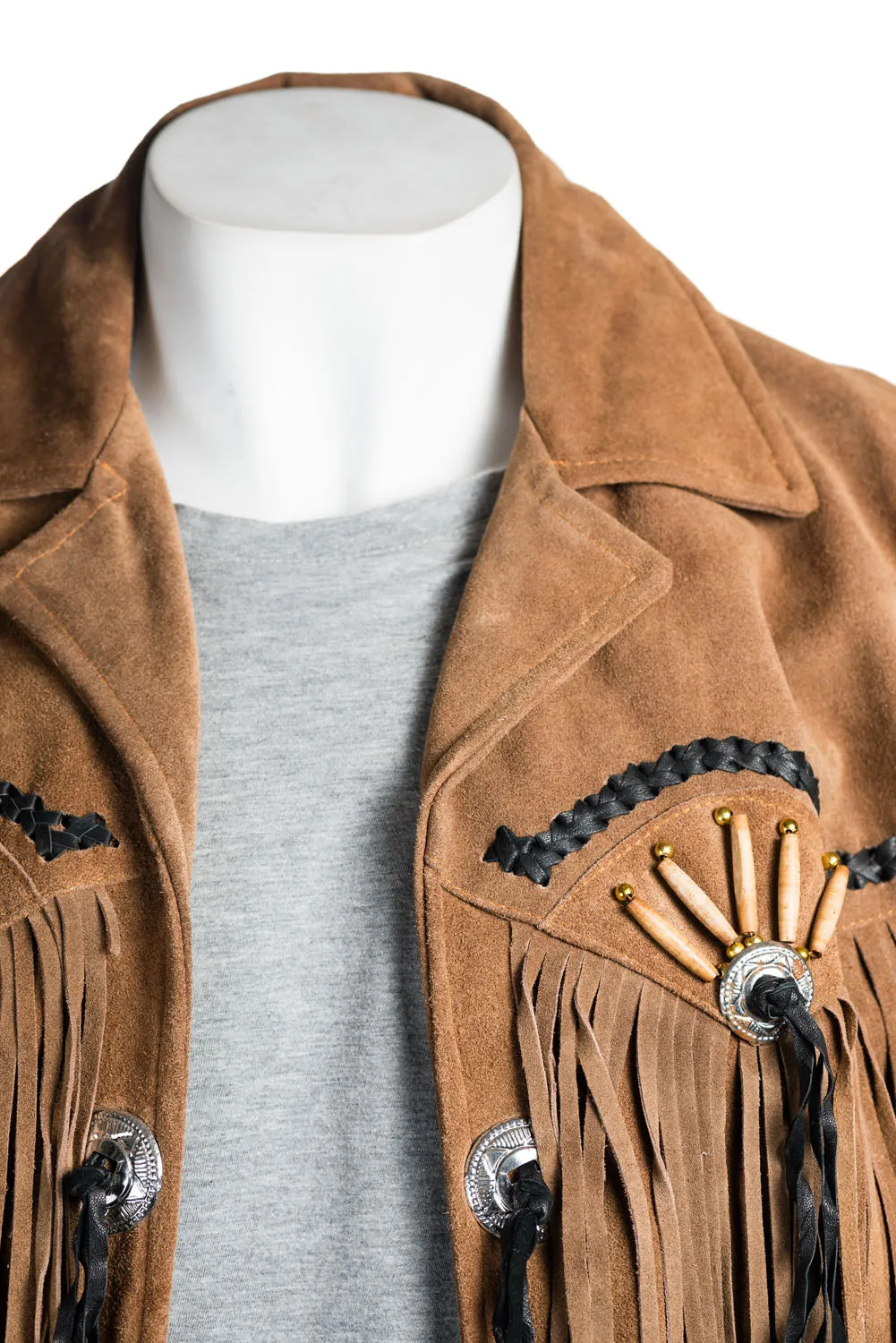 Men's Black Suede Native American Western Style Jacket with Fringe and Beads - Navajo Men's