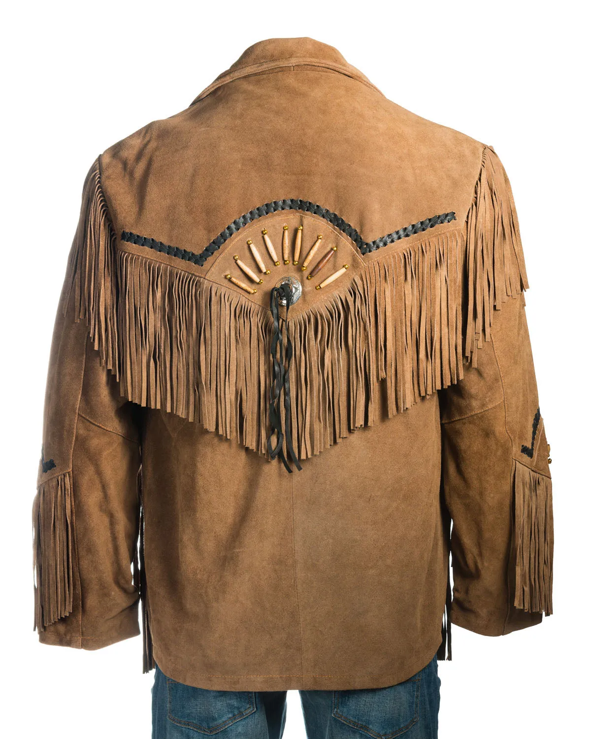 Men's Black Suede Native American Western Style Jacket with Fringe and Beads - Navajo Men's