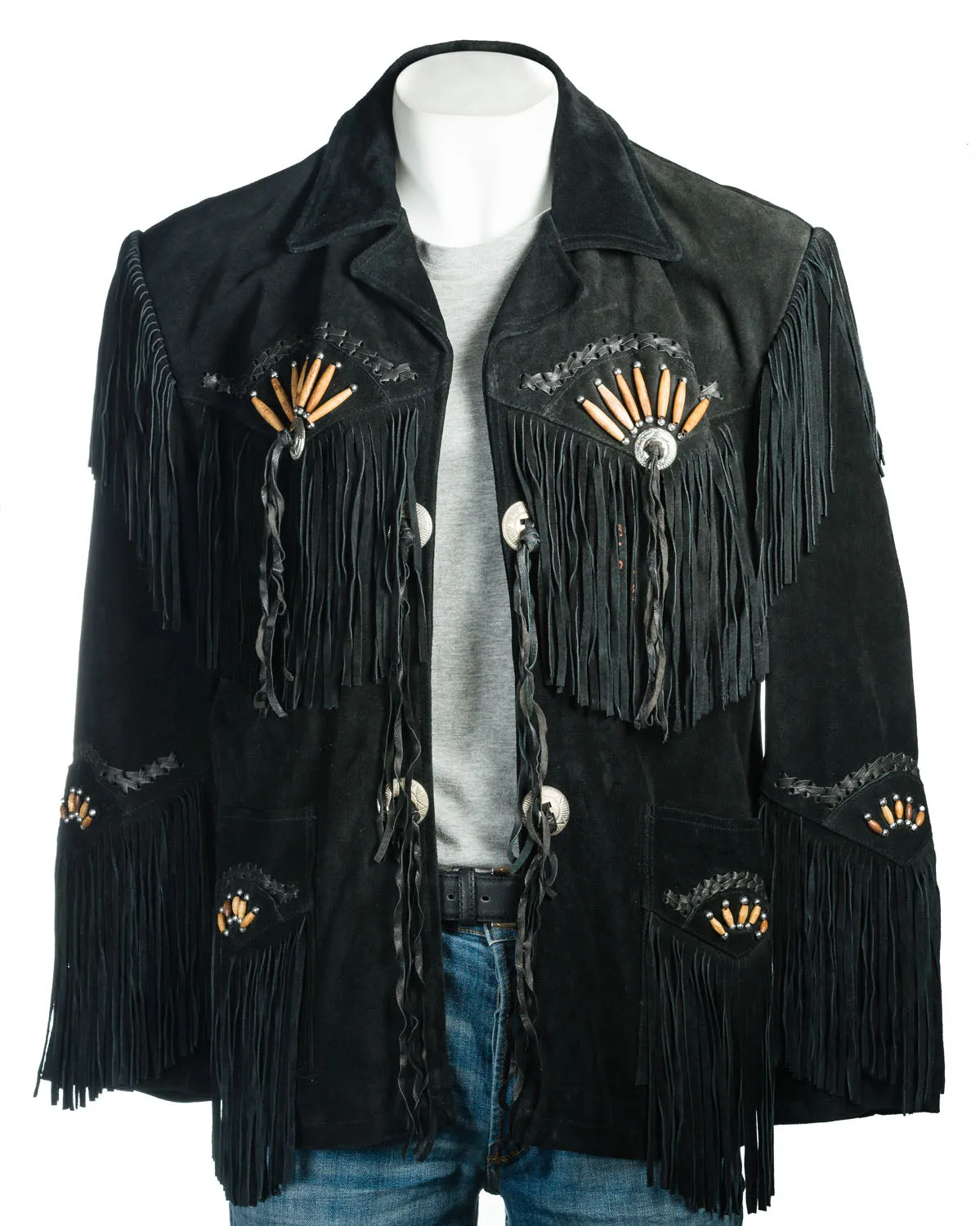 Men's Black Suede Native American Western Style Jacket with Fringe and Beads - Navajo Men's