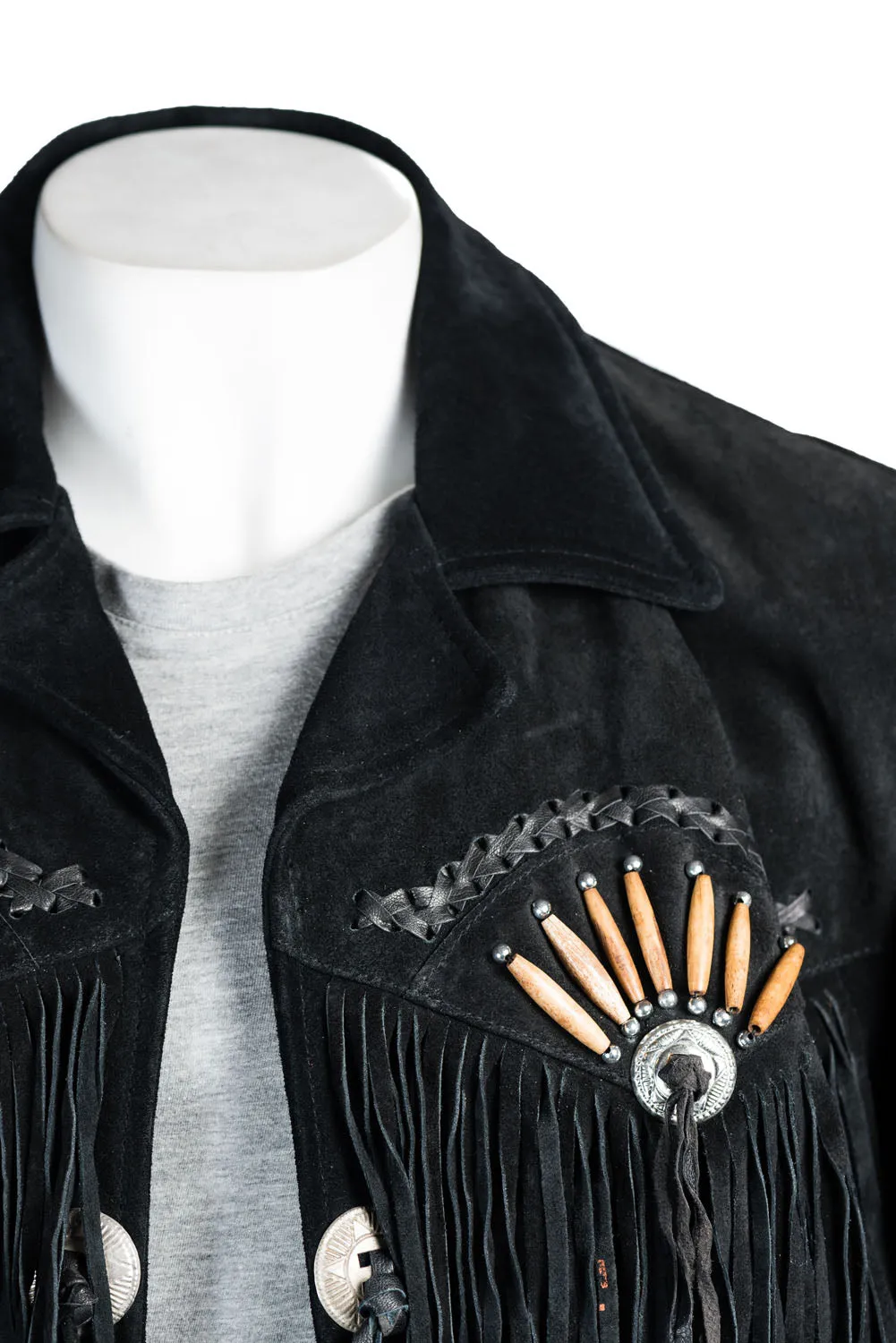 Men's Black Suede Native American Western Style Jacket with Fringe and Beads - Navajo Men's