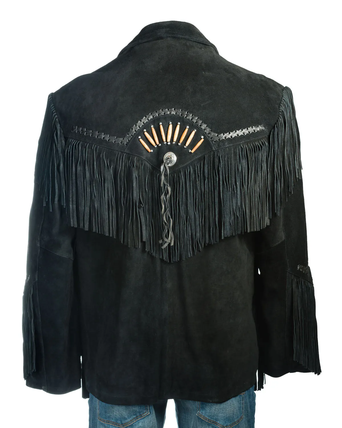 Men's Black Suede Native American Western Style Jacket with Fringe and Beads - Navajo Men's