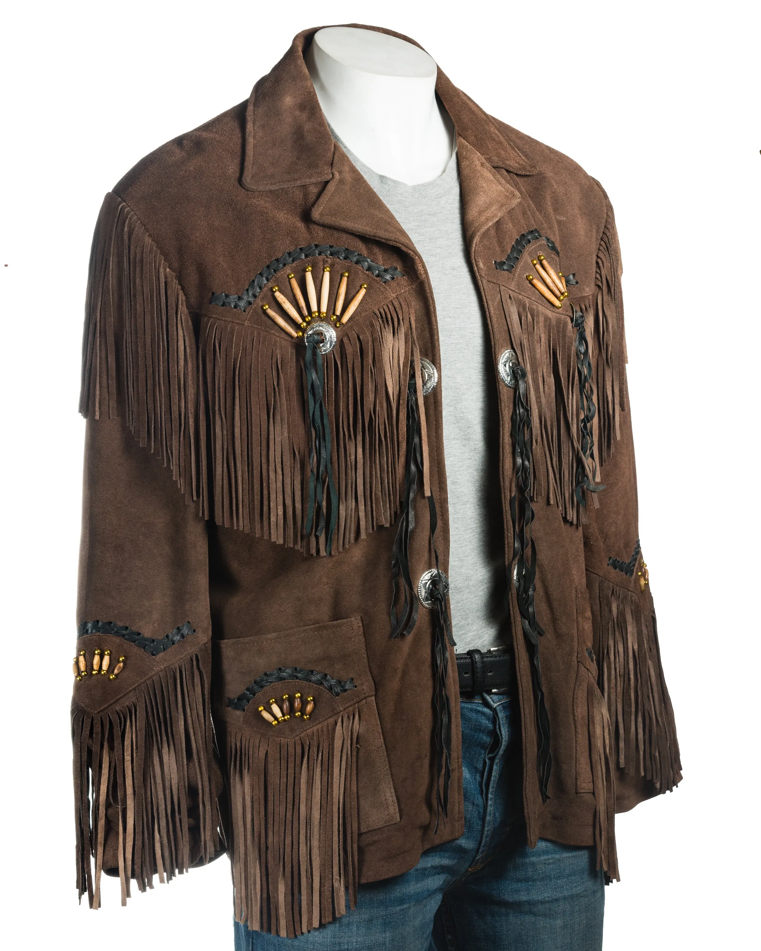 Men's Black Suede Native American Western Style Jacket with Fringe and Beads - Navajo Men's