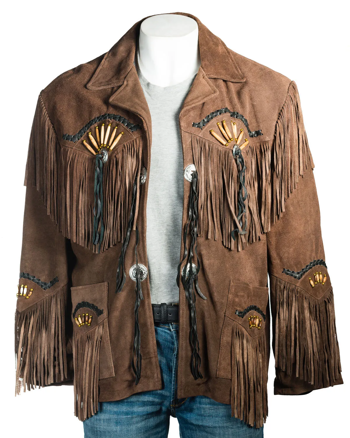 Men's Black Suede Native American Western Style Jacket with Fringe and Beads - Navajo Men's